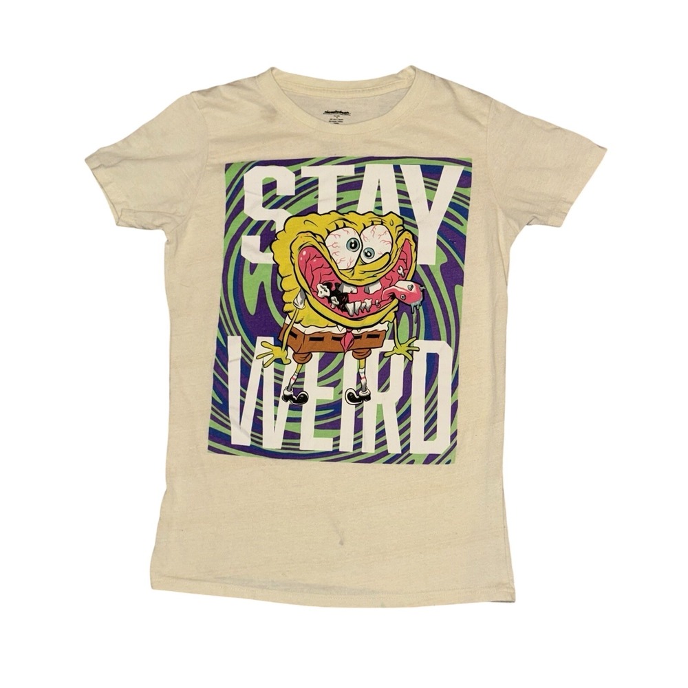 Nickelodeon Spongebob Stay‎ Weird Graphic T-Shirt Cream Small Short Sleeve Shirt